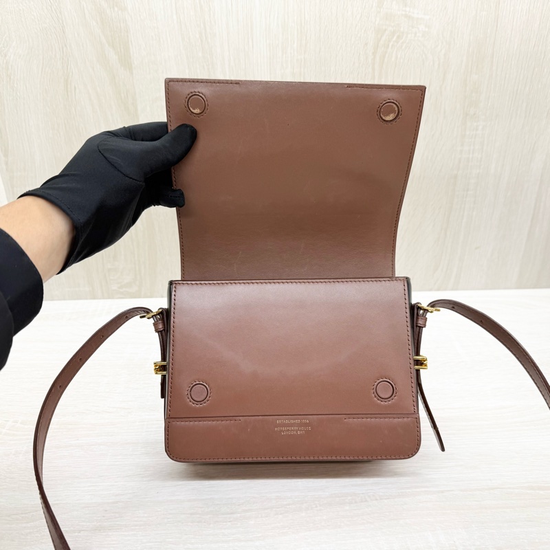 BURBERRY棕色拚黑邊牛皮GRACE下蓋肩側背包8012004-9