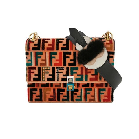 Fendi Kan I牛皮絨布雙F老花鉚釘封扣單肩包