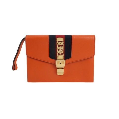 Gucci Sylvie塞爾維亞牛皮拼色金屬扣織帶手拿包