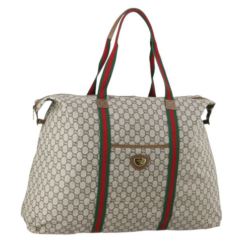 GUCCI GG Plus Supreme Web Sherry Line 波士頓包 PVC 米色 金色 正品 ep11206