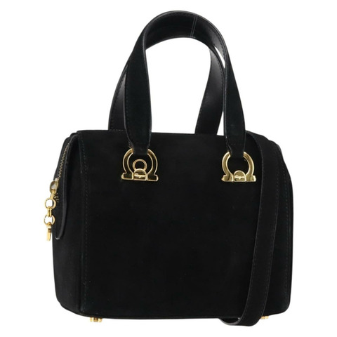 Salvatore Ferragamo Gancini 手提包 絨面革 兩用 黑色 金色 Auth 147383