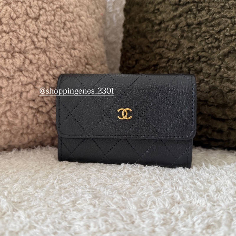 香奈兒 Chanel 全新品 最新款 25K 山羊皮 黑金 單層拉鍊卡包-1