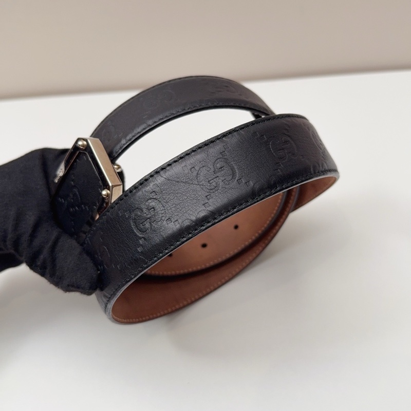 98新古馳/Gucci 牛皮黑色方扣老花腰帶-2