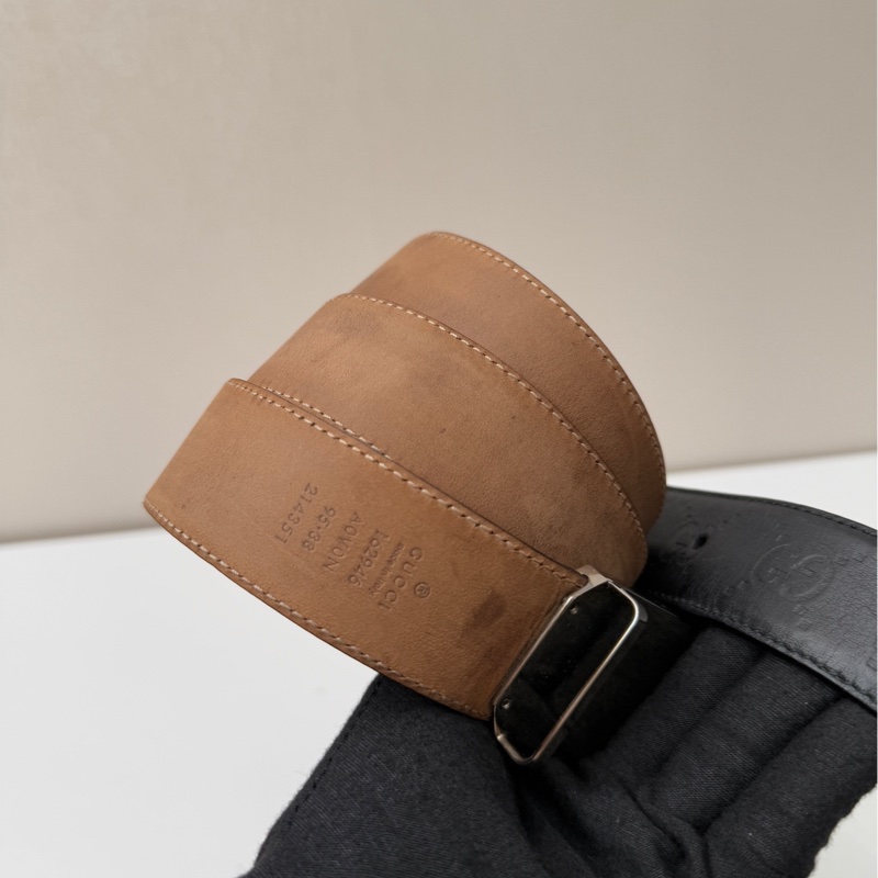 98新古馳/Gucci 牛皮黑色方扣老花腰帶-7