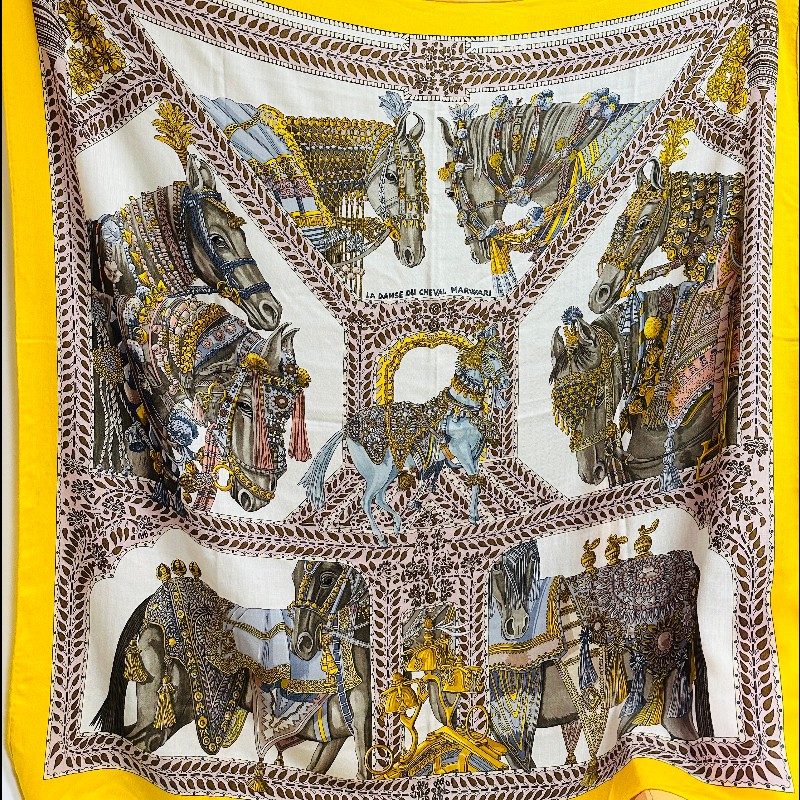 Herme's 黃色圖騰Cadhmere羊絨絲巾-0