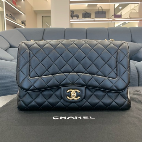 Chanel CF Jumbo黑色羊皮链条包 肩背包 金扣菱格纹 底長31