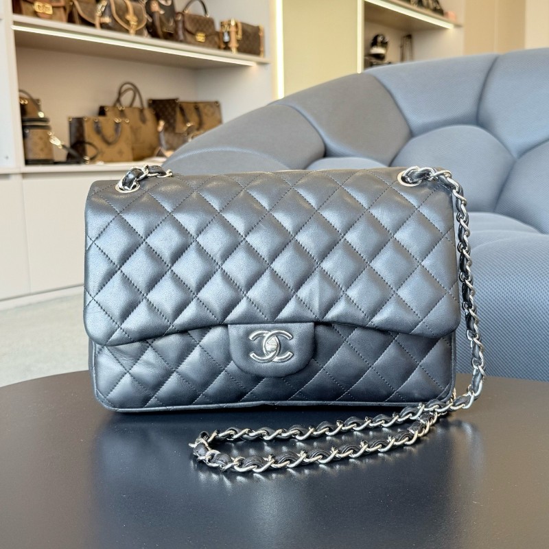 CHANEL香奈兒 CF jumbo黑銀羊皮 Classic Flap 經典菱格銀扣皮穿鏈鏈條口蓋包大號女款黑色 雙蓋 肩背包斜背包-0