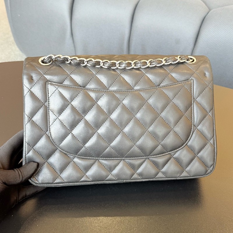 CHANEL香奈兒 CF jumbo黑銀羊皮 Classic Flap 經典菱格銀扣皮穿鏈鏈條口蓋包大號女款黑色 雙蓋 肩背包斜背包-1