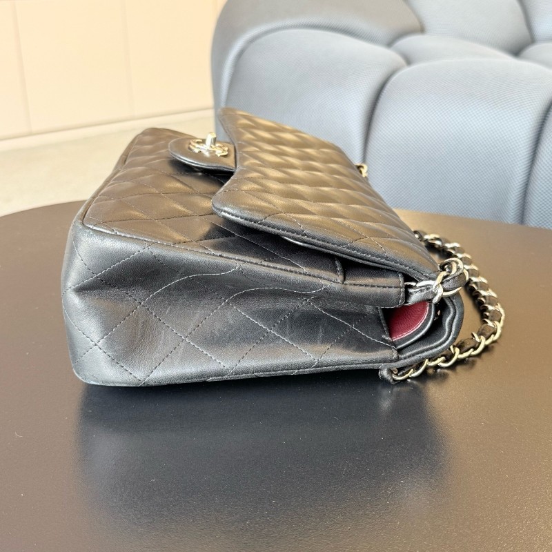 CHANEL香奈兒 CF jumbo黑銀羊皮 Classic Flap 經典菱格銀扣皮穿鏈鏈條口蓋包大號女款黑色 雙蓋 肩背包斜背包-2