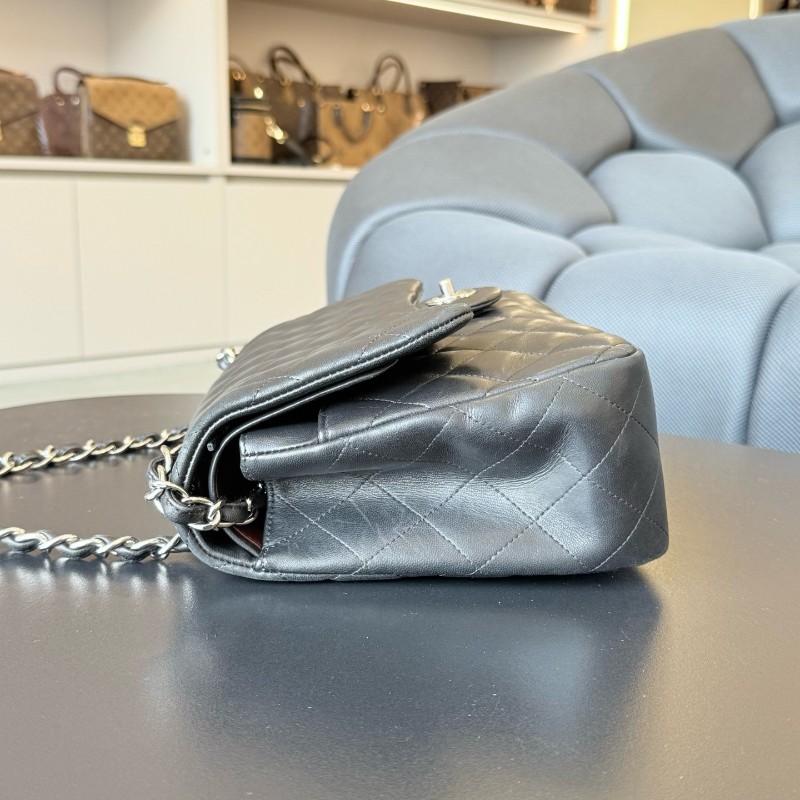 CHANEL香奈兒 CF jumbo黑銀羊皮 Classic Flap 經典菱格銀扣皮穿鏈鏈條口蓋包大號女款黑色 雙蓋 肩背包斜背包-3