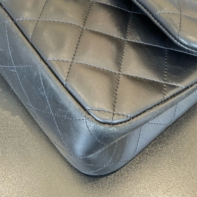 CHANEL香奈兒 CF jumbo黑銀羊皮 Classic Flap 經典菱格銀扣皮穿鏈鏈條口蓋包大號女款黑色 雙蓋 肩背包斜背包-4