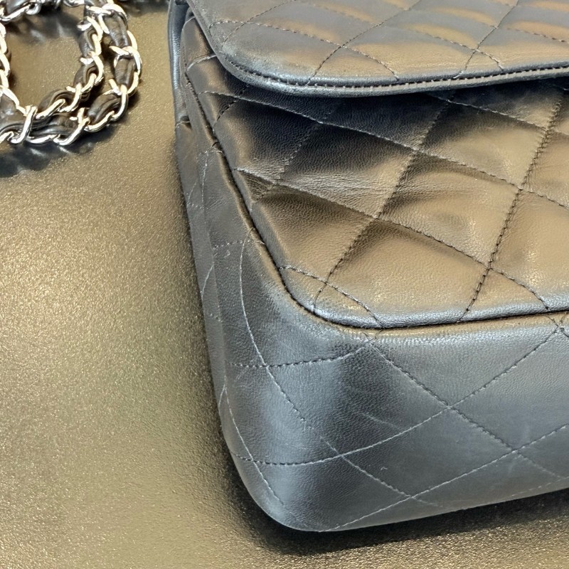 CHANEL香奈兒 CF jumbo黑銀羊皮 Classic Flap 經典菱格銀扣皮穿鏈鏈條口蓋包大號女款黑色 雙蓋 肩背包斜背包-5