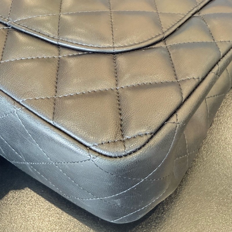 CHANEL香奈兒 CF jumbo黑銀羊皮 Classic Flap 經典菱格銀扣皮穿鏈鏈條口蓋包大號女款黑色 雙蓋 肩背包斜背包-6