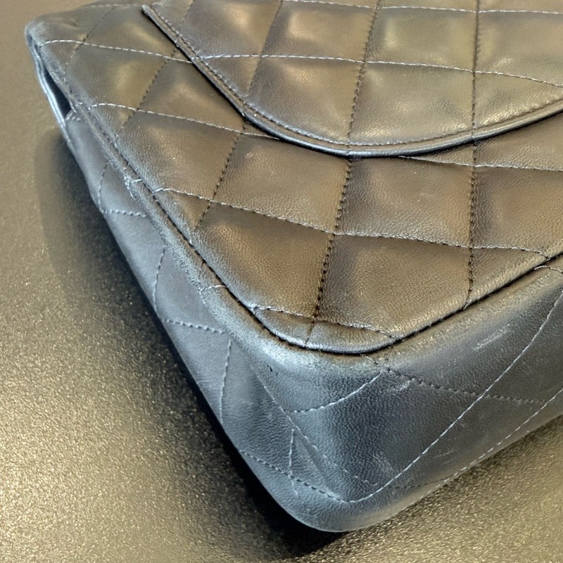 CHANEL香奈兒 CF jumbo黑銀羊皮 Classic Flap 經典菱格銀扣皮穿鏈鏈條口蓋包大號女款黑色 雙蓋 肩背包斜背包-7