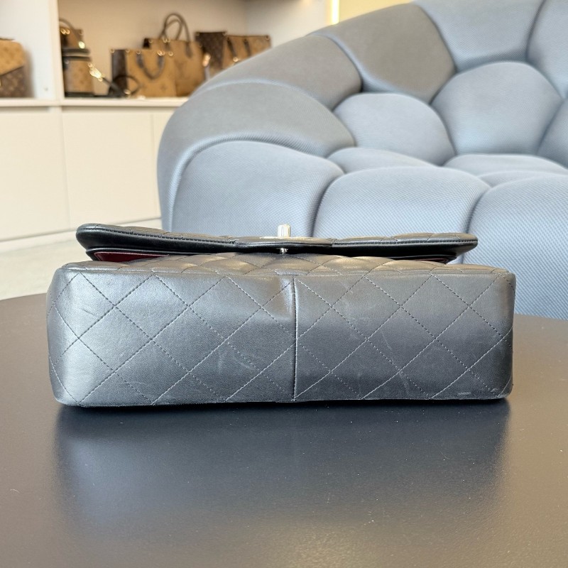 CHANEL香奈兒 CF jumbo黑銀羊皮 Classic Flap 經典菱格銀扣皮穿鏈鏈條口蓋包大號女款黑色 雙蓋 肩背包斜背包-8