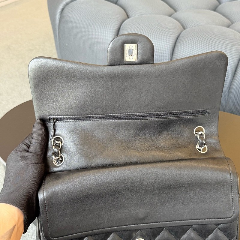 CHANEL香奈兒 CF jumbo黑銀羊皮 Classic Flap 經典菱格銀扣皮穿鏈鏈條口蓋包大號女款黑色 雙蓋 肩背包斜背包-9