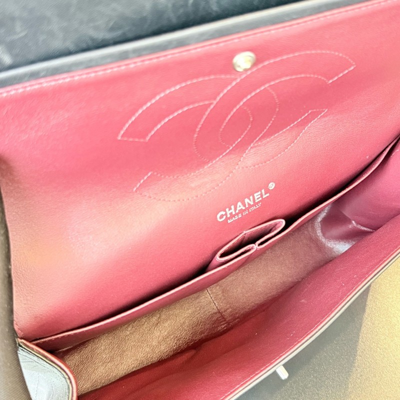 CHANEL香奈兒 CF jumbo黑銀羊皮 Classic Flap 經典菱格銀扣皮穿鏈鏈條口蓋包大號女款黑色 雙蓋 肩背包斜背包-10