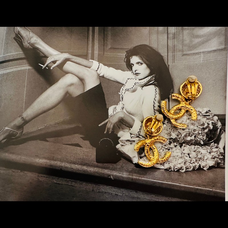 Chanel Vintage 古董老香垂墬垂吊式復古夾式耳環-9