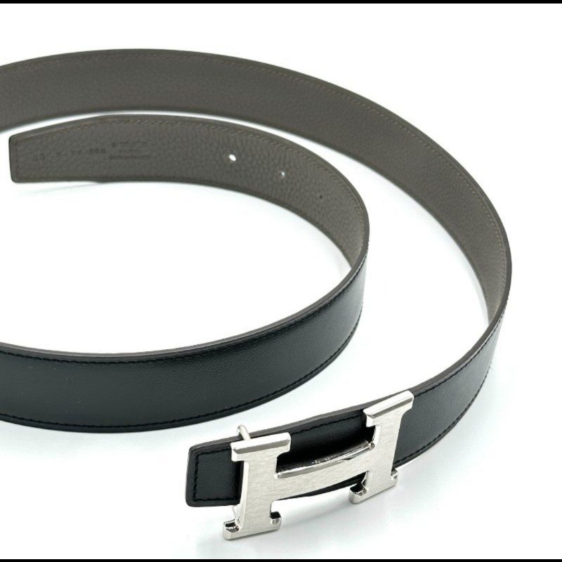 Herme's 銀色H釦頭雙色皮帶-1