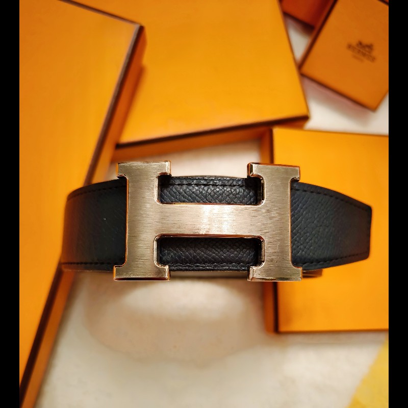 Herme's 銀色H釦頭雙色皮帶-6