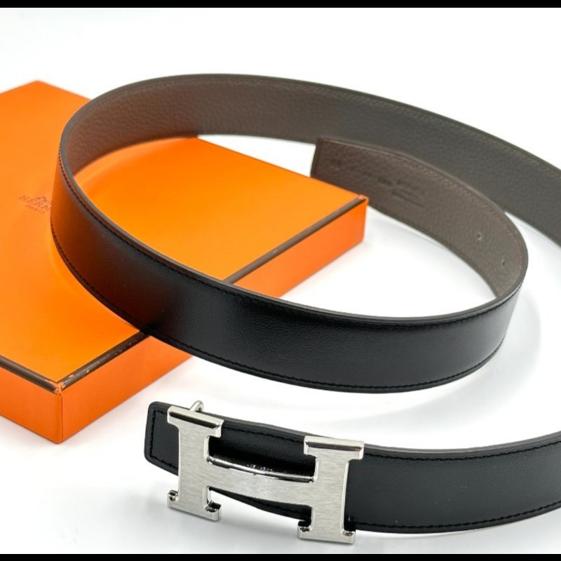 Herme's 銀色H釦頭雙色皮帶-7