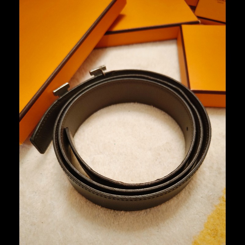 Herme's 銀色H釦頭雙色皮帶-8