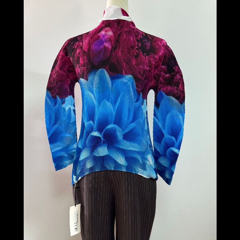 Pleats Pleasa 系列紫色藍色花卉褶皺上衣-0
