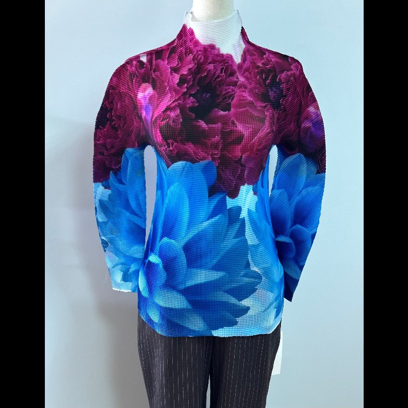 Pleats Pleasa 系列紫色藍色花卉褶皺上衣-7