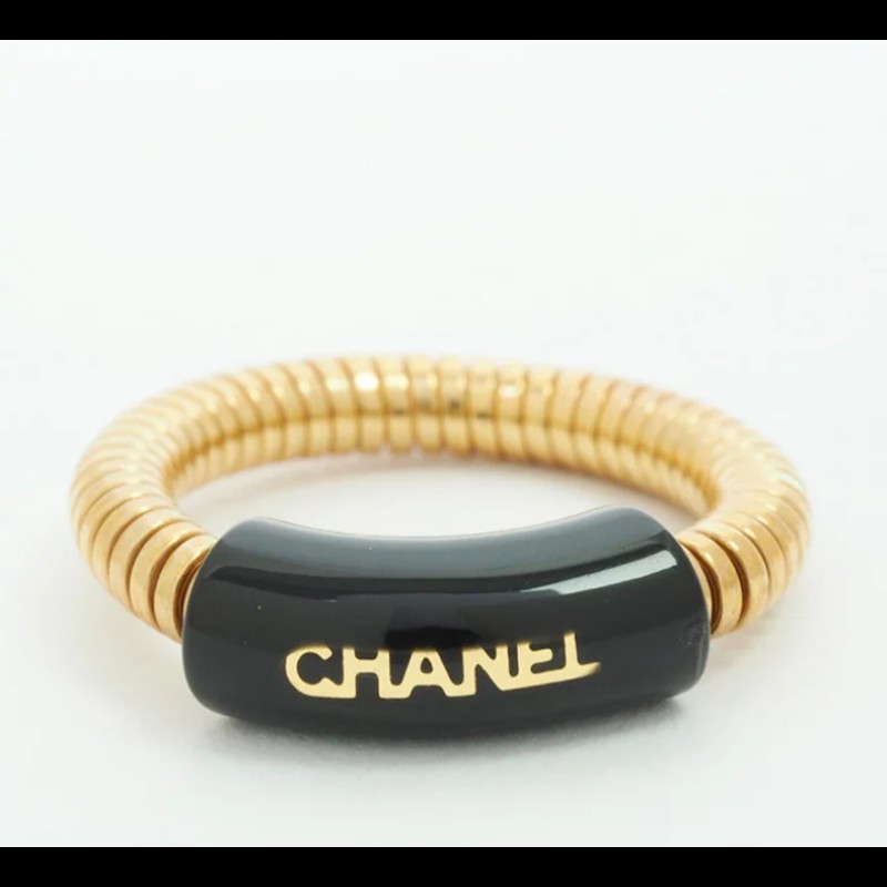 Chanel Vintage Logo黑色和金色蛇腹式戒指 -0