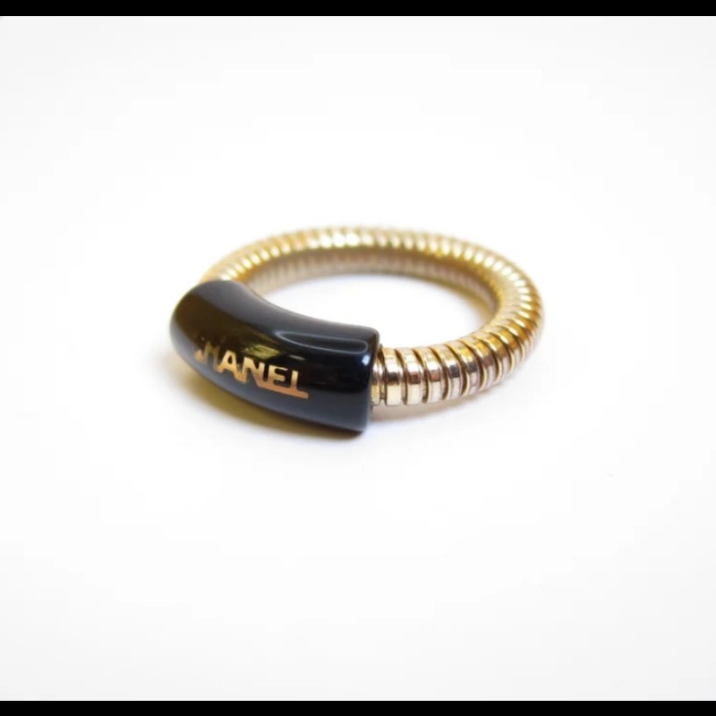 Chanel Vintage Logo黑色和金色蛇腹式戒指 -3