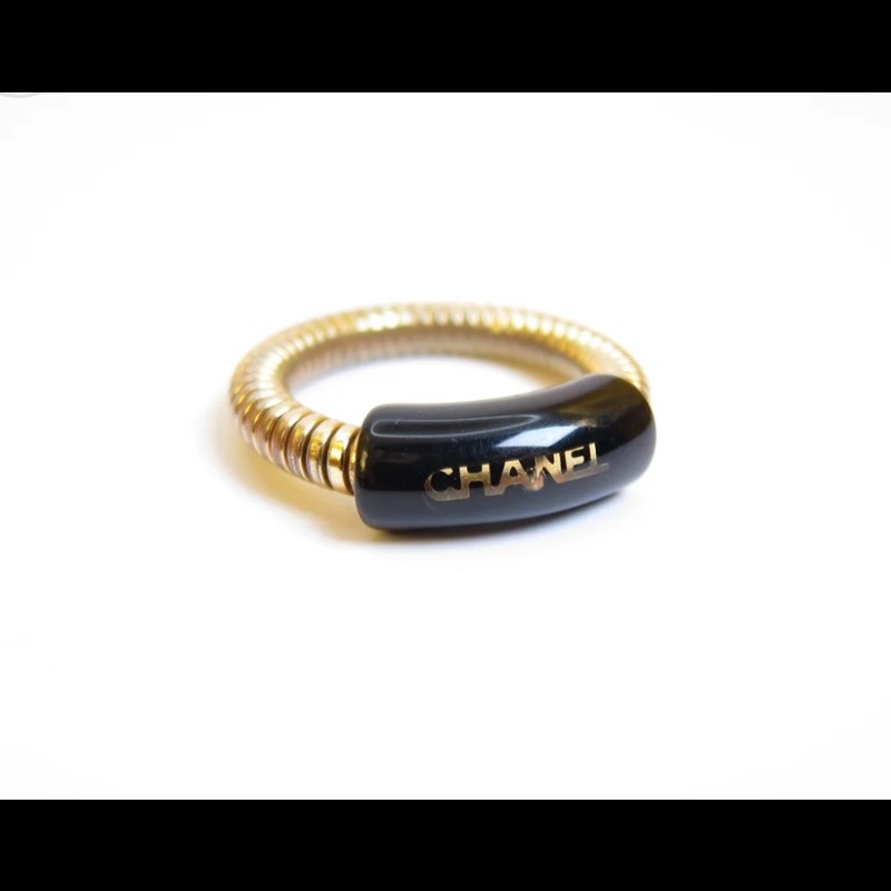 Chanel Vintage Logo黑色和金色蛇腹式戒指 -4