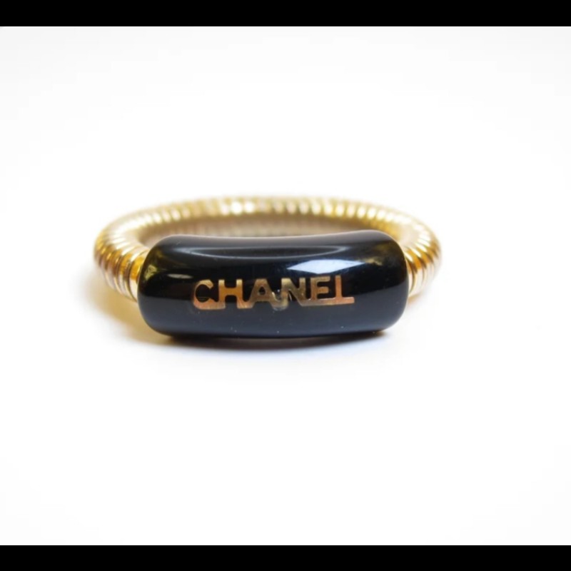 Chanel Vintage Logo黑色和金色蛇腹式戒指 -6