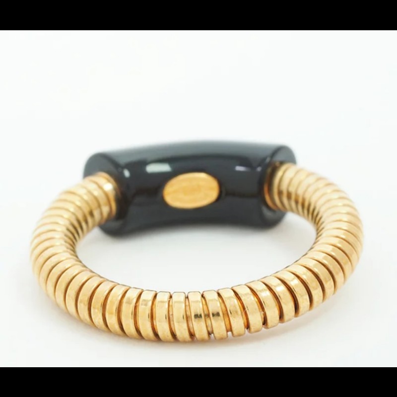 Chanel Vintage Logo黑色和金色蛇腹式戒指 -10