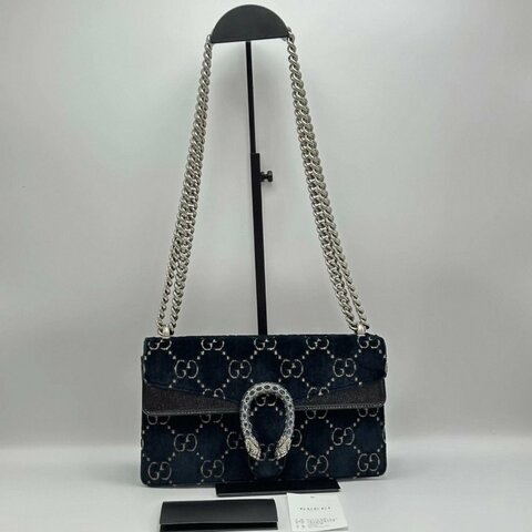 GUCCI 深藍色絲絨鑽扣酒神肩背包25*15*7.5 98新配件塵袋