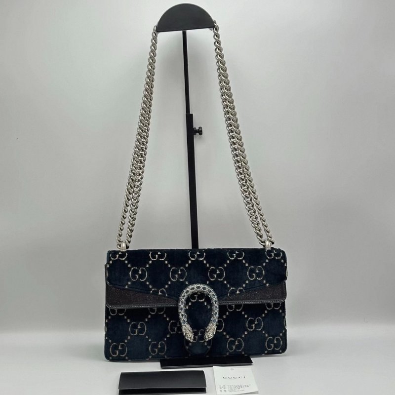 GUCCI 深藍色絲絨鑽扣酒神肩背包25*15*7.5 98新配件塵袋-0
