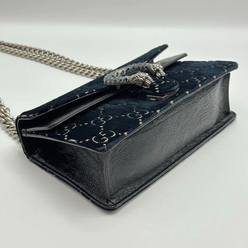 GUCCI 深藍色絲絨鑽扣酒神肩背包25*15*7.5 98新配件塵袋-2