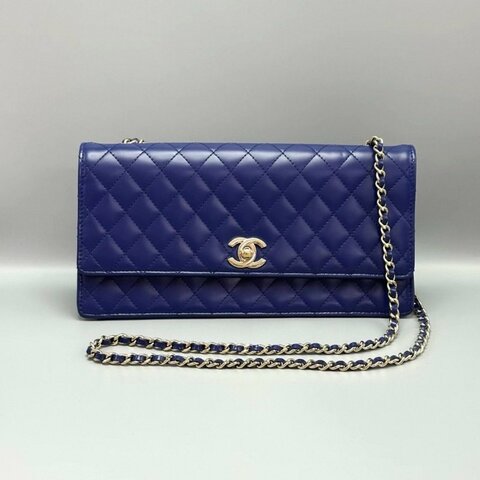 ️CHANEL 藍色金扣漆皮肩背斜背鏈條包25.5*13*8 98新配件塵袋