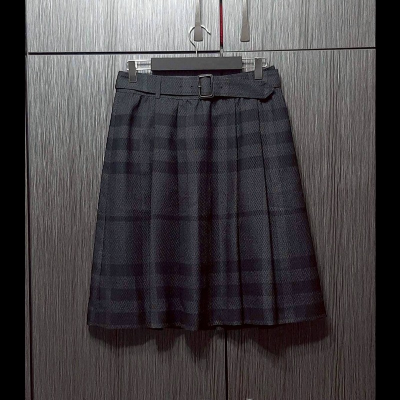 （日本製MIJ）BURBERRY 博柏利 LONDON 女黑灰格紋內裏及膝裙40號-0