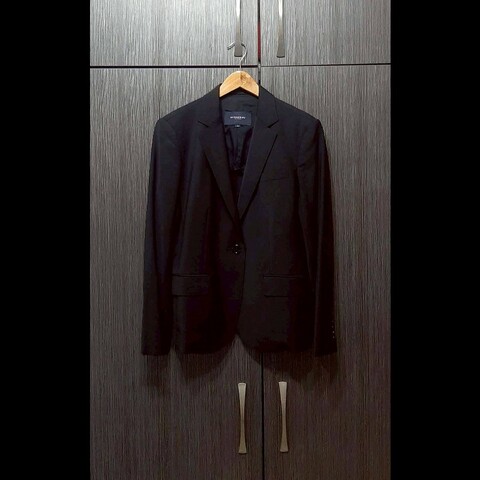 （日本製MIJ）BURBERRY 博柏利 LONDON 女黑色單釦墊肩混羊毛修身西裝外套40號