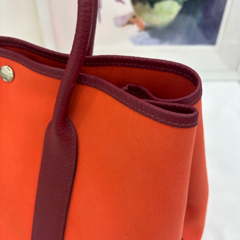 HERMES garden party花園包36橙色拼馬鞍紅牛皮拼帆布 銀扣 X刻-8