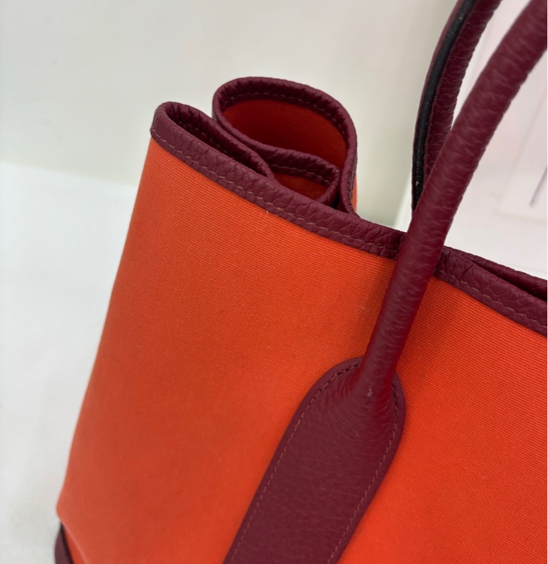 HERMES garden party花園包36橙色拼馬鞍紅牛皮拼帆布 銀扣 X刻-9