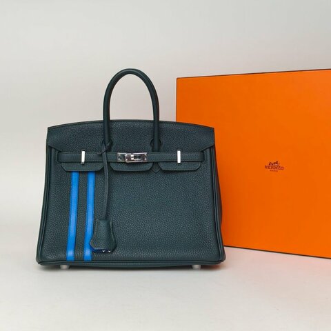 HERMES Birkin256O松柏綠拼I7琉璃藍Togo皮/Swift皮C刻銀扣肩背包