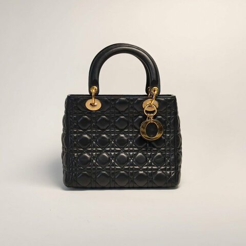 DIOR Lady戴妃包五格黑色羊皮金扣2009肩背包