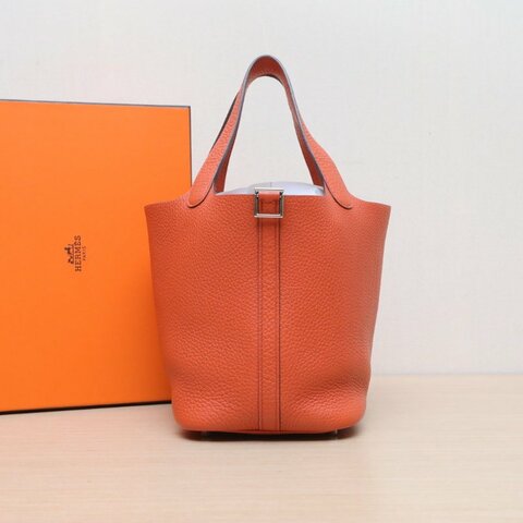 HERMES Picotin18菜籃子5F南瓜色TC皮T刻銀扣肩背包
