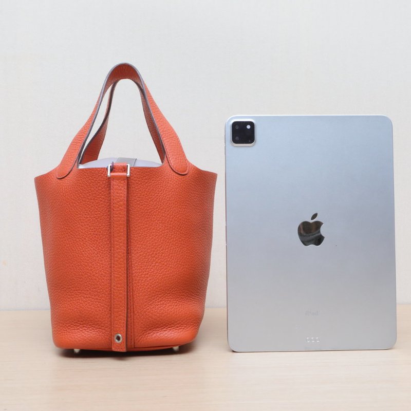 HERMES Picotin18菜籃子5F南瓜色TC皮T刻銀扣肩背包-4