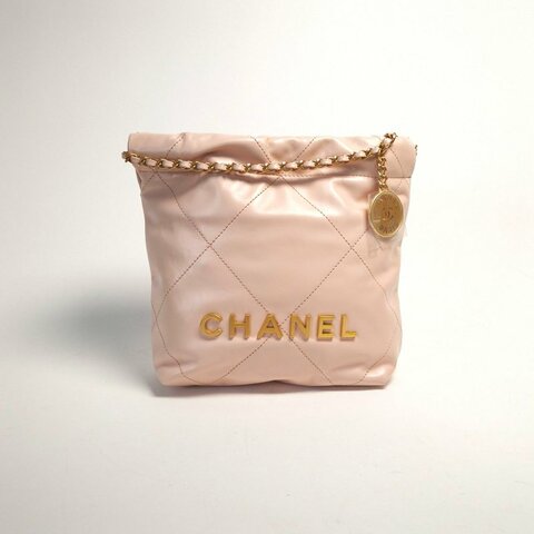 CHANEL 22BagTote托特包Mini20粉色牛皮晶片開金扣肩背包