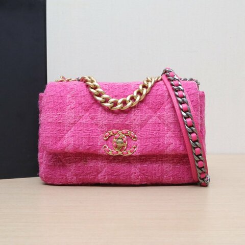 CHANEL 19BAG口蓋包小號26粉色毛呢28開金銀扣肩背包