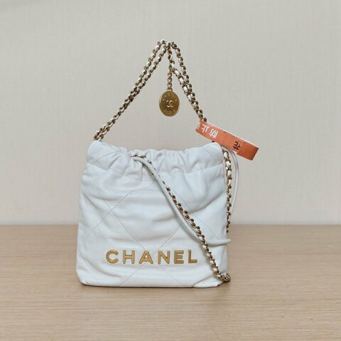 CHANEL 22BagTote托特包Mini20白色牛皮晶片開金扣肩背包