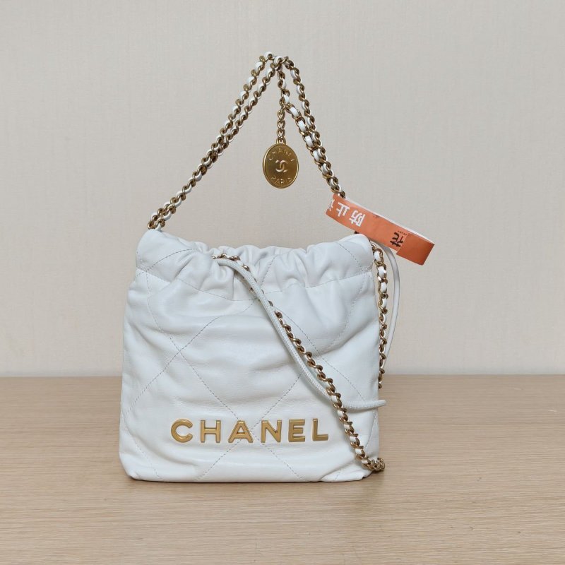 CHANEL 22BagTote托特包Mini20白色牛皮晶片開金扣肩背包-2