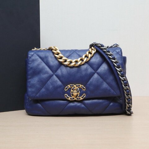 CHANEL 19BAG口蓋包小號26藍色羊皮29開金銀扣肩背包